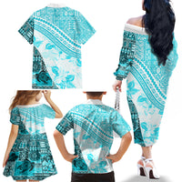 Hawaiian Tapa Family Matching Off Shoulder Long Sleeve Dress and Hawaiian Shirt Traditional Vintage Pattern Aqua LT05 - Polynesian Pride