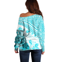 Hawaiian Tapa Off Shoulder Sweater Traditional Vintage Pattern Aqua LT05 - Polynesian Pride