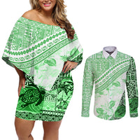 Hawaiian Tapa Couples Matching Off Shoulder Short Dress and Long Sleeve Button Shirt Traditional Vintage Pattern Green LT05 Green - Polynesian Pride