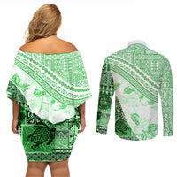 Hawaiian Tapa Couples Matching Off Shoulder Short Dress and Long Sleeve Button Shirt Traditional Vintage Pattern Green LT05 - Polynesian Pride