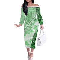 Hawaiian Tapa Off The Shoulder Long Sleeve Dress Traditional Vintage Pattern Green LT05 Women Green - Polynesian Pride