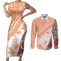 Hawaiian Tapa Couples Matching Short Sleeve Bodycon Dress and Long Sleeve Button Shirt Traditional Vintage Pattern Orange LT05 Orange - Polynesian Pride