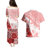 Hawaiian Tapa Couples Matching Puletasi Dress and Hawaiian Shirt Traditional Vintage Pattern Red LT05 - Polynesian Pride