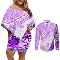 Hawaiian Tapa Couples Matching Off Shoulder Short Dress and Long Sleeve Button Shirt Traditional Vintage Pattern Violet LT05 Violet - Polynesian Pride