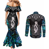New Zealand Aotearoa Couples Matching Mermaid Dress and Long Sleeve Button Shirt Maori Taniwha Paua Shell