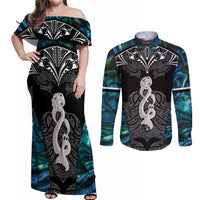 New Zealand Aotearoa Couples Matching Off Shoulder Maxi Dress and Long Sleeve Button Shirt Maori Taniwha Paua Shell