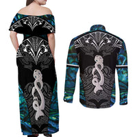 New Zealand Aotearoa Couples Matching Off Shoulder Maxi Dress and Long Sleeve Button Shirt Maori Taniwha Paua Shell