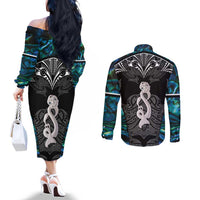 New Zealand Aotearoa Couples Matching Off The Shoulder Long Sleeve Dress and Long Sleeve Button Shirt Maori Taniwha Paua Shell