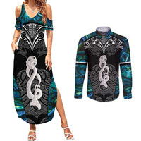 New Zealand Aotearoa Couples Matching Summer Maxi Dress and Long Sleeve Button Shirt Maori Taniwha Paua Shell