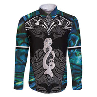 New Zealand Aotearoa Family Matching Summer Maxi Dress and Hawaiian Shirt Maori Taniwha Paua Shell LT05 Dad's Shirt - Long Sleeve Black - Polynesian Pride