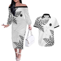 Custom New Zealand Football Couples Matching Off The Shoulder Long Sleeve Dress and Hawaiian Shirt Aotearoa Pride LT05 White - Polynesian Pride