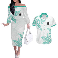 Custom New Zealand Football Couples Matching Off The Shoulder Long Sleeve Dress and Hawaiian Shirt Aotearoa Pride Aqua Version LT05 Aqua - Polynesian Pride
