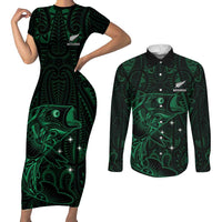Custom New Zealand Fishing Couples Matching Short Sleeve Bodycon Dress and Long Sleeve Button Shirt Maori Tribal Pattern LT05 Black - Polynesian Pride