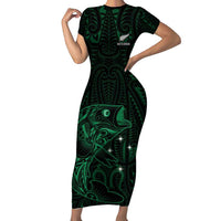Custom New Zealand Fishing Family Matching Short Sleeve Bodycon Dress and Hawaiian Shirt Maori Tribal Pattern LT05 Mom's Dress Black - Polynesian Pride