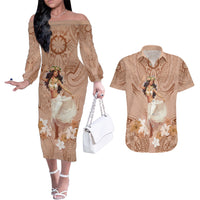 Hawaii Women's Day Couples Matching Off The Shoulder Long Sleeve Dress and Hawaiian Shirt With Polynesian Pattern LT05 Brown - Polynesian Pride