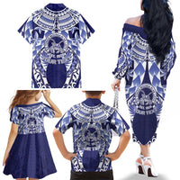 Personalised Tonga Queen Salote College Family Matching Off The Shoulder Long Sleeve Dress and Hawaiian Shirt Centenary Navy Version LT05 - Polynesian Pride