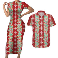 Hawaii Ohia Lehua Couples Matching Short Sleeve Bodycon Dress and Hawaiian Shirt Tropical Vibes Crimson LT05 Crimson - Polynesian Pride