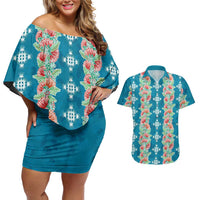 Hawaii Ohia Lehua Couples Matching Off Shoulder Short Dress and Hawaiian Shirt Tropical Vibes Teal