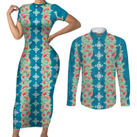 Hawaii Ohia Lehua Couples Matching Short Sleeve Bodycon Dress and Long Sleeve Button Shirt Tropical Vibes Teal
