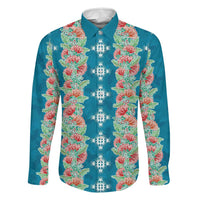 Hawaii Ohia Lehua Family Matching Long Sleeve Bodycon Dress and Hawaiian Shirt Tropical Vibes Teal LT05 Dad's Shirt - Long Sleeve Teal - Polynesian Pride