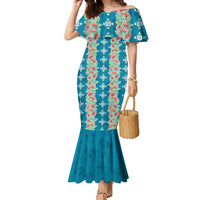 Hawaii Ohia Lehua Family Matching Mermaid Dress and Hawaiian Shirt Tropical Vibes Teal LT05 Mom's Dress Teal - Polynesian Pride