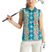 Hawaii Ohia Lehua Women Sleeveless Polo Shirt Tropical Vibes Teal