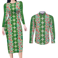 Hawaii Ohia Lehua Couples Matching Long Sleeve Bodycon Dress and Long Sleeve Button Shirt Tropical Vibes Green