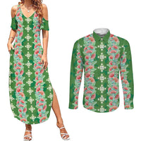Hawaii Ohia Lehua Couples Matching Summer Maxi Dress and Long Sleeve Button Shirt Tropical Vibes Green