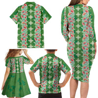 Hawaii Ohia Lehua Family Matching Long Sleeve Bodycon Dress and Hawaiian Shirt Tropical Vibes Green LT05 - Polynesian Pride