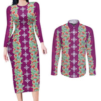 Hawaii Ohia Lehua Couples Matching Long Sleeve Bodycon Dress and Long Sleeve Button Shirt Tropical Vibes Fuchsia