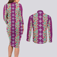 Hawaii Ohia Lehua Couples Matching Long Sleeve Bodycon Dress and Long Sleeve Button Shirt Tropical Vibes Fuchsia