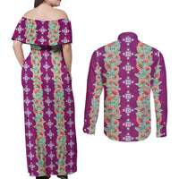 Hawaii Ohia Lehua Couples Matching Off Shoulder Maxi Dress and Long Sleeve Button Shirt Tropical Vibes Fuchsia