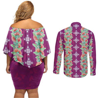 Hawaii Ohia Lehua Couples Matching Off Shoulder Short Dress and Long Sleeve Button Shirt Tropical Vibes Fuchsia