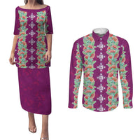 Hawaii Ohia Lehua Couples Matching Puletasi and Long Sleeve Button Shirt Tropical Vibes Fuchsia