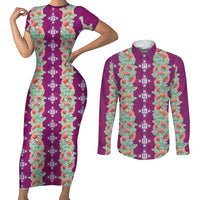 Hawaii Ohia Lehua Couples Matching Short Sleeve Bodycon Dress and Long Sleeve Button Shirt Tropical Vibes Fuchsia