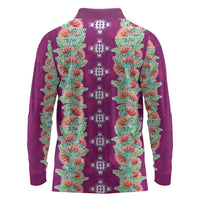 Hawaii Ohia Lehua Long Sleeve Polo Shirt Tropical Vibes Fuchsia
