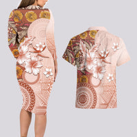 Tonga Ngatu Pattern With Light Tabasco Hibiscus Couples Matching Long Sleeve Bodycon Dress and Hawaiian Shirt Oil Painting Style LT05 - Polynesian Pride