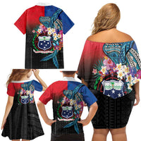 Samoa Family Matching Off Shoulder Short Dress and Hawaiian Shirt Humpback Whale Siapo Pattern LT05 - Polynesian Pride