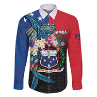 Samoa Family Matching Off Shoulder Short Dress and Hawaiian Shirt Humpback Whale Siapo Pattern LT05 Dad's Shirt - Long Sleeve Blue - Polynesian Pride