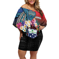 Samoa Family Matching Off Shoulder Short Dress and Hawaiian Shirt Humpback Whale Siapo Pattern LT05 Mom's Dress Blue - Polynesian Pride