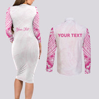 Personalised New Zealand Aotearoa Couples Matching Long Sleeve Bodycon Dress and Long Sleeve Button Shirt Nurse Tribal Pink Version LT05 - Polynesian Pride