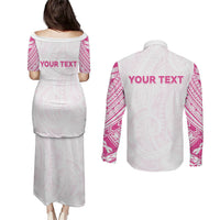 Personalised New Zealand Aotearoa Couples Matching Puletasi and Long Sleeve Button Shirt Nurse Tribal Pink Version