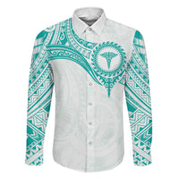 Personalised New Zealand Aotearoa Family Matching Off Shoulder Maxi Dress and Hawaiian Shirt Nurse Tribal Teal Version LT05 Dad's Shirt - Long Sleeve Teal - Polynesian Pride