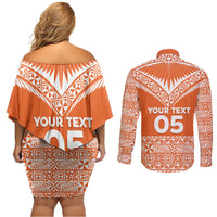 Personalised Tonga Tailulu College Couples Matching Off Shoulder Short Dress and Long Sleeve Button Shirt Tongan Kupesi Pattern