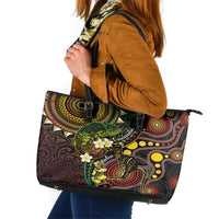 Vanuatu And Australia Aboriginal Leather Tote Bag Iguana And Kangaroo Together LT05 Black - Polynesian Pride