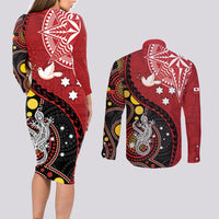 Tonga Ngatu And Australia Aboriginal Couples Matching Long Sleeve Bodycon Dress and Long Sleeve Button Shirt Tongan Dove And Kangaroo Together LT05 - Polynesian Pride
