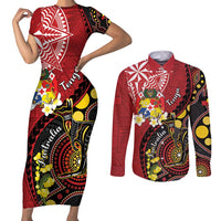 Tonga Ngatu And Australia Aboriginal Couples Matching Short Sleeve Bodycon Dress and Long Sleeve Button Shirt Tongan Dove And Kangaroo Together LT05 Red - Polynesian Pride