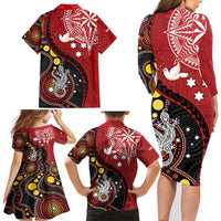 Tonga Ngatu And Australia Aboriginal Family Matching Long Sleeve Bodycon Dress and Hawaiian Shirt Tongan Dove And Kangaroo Together LT05 - Polynesian Pride