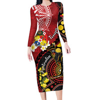 Tonga Ngatu And Australia Aboriginal Family Matching Long Sleeve Bodycon Dress and Hawaiian Shirt Tongan Dove And Kangaroo Together LT05 Mom's Dress Red - Polynesian Pride