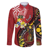 Tonga Ngatu And Australia Aboriginal Family Matching Mermaid Dress and Hawaiian Shirt Tongan Dove And Kangaroo Together LT05 Dad's Shirt - Long Sleeve Red - Polynesian Pride